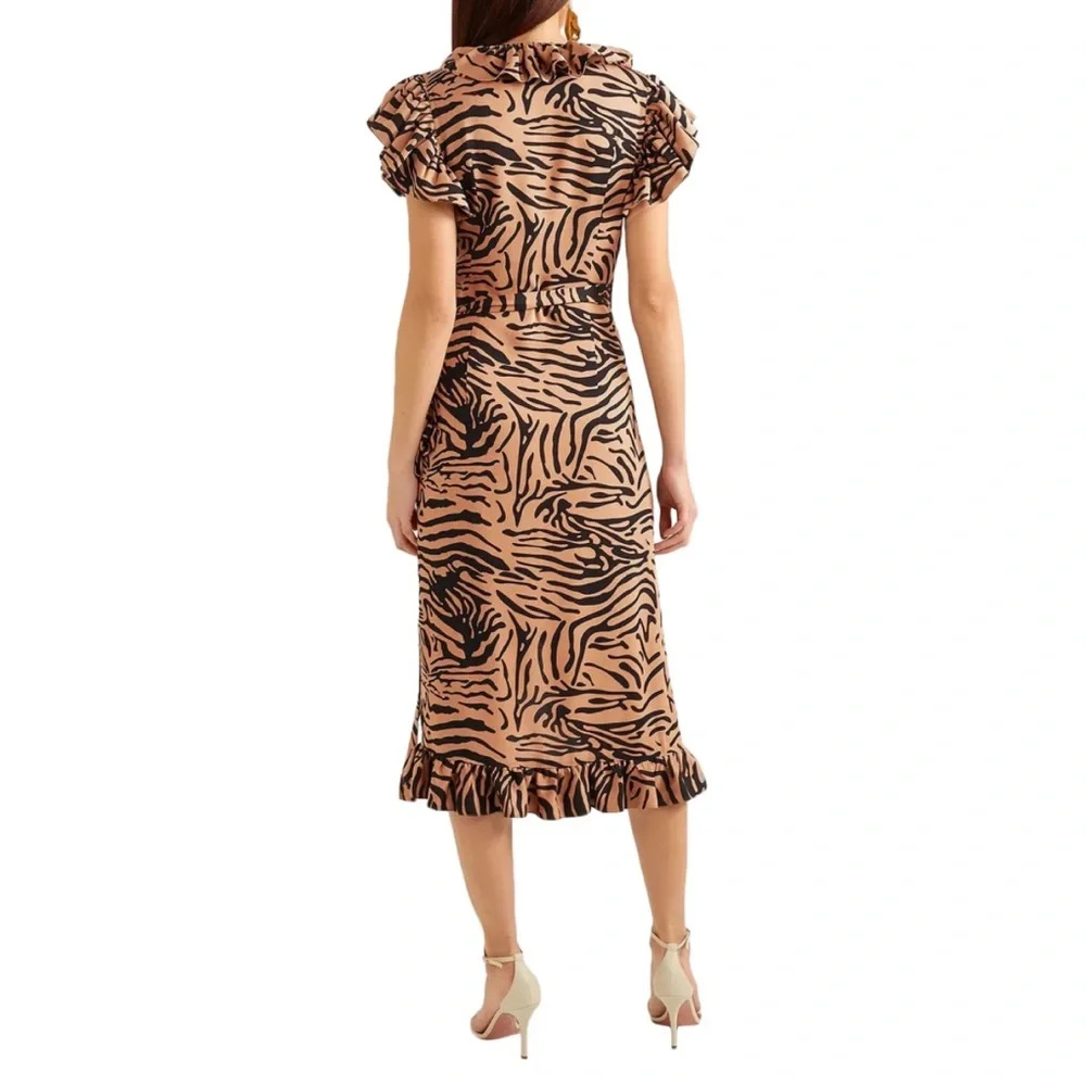 De La Vali Cadaques Tiger Stripe Ruffled Crepe True Wrap Dress US 2 UK 6…